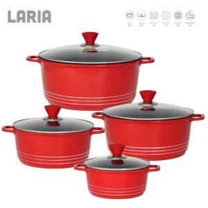 The Laria Non Stick Die Cast Stockpot Pan Set, consisting of 4 pieces in a red finish, appears to be a cookware set designed for versatile kitchen use. The non-stick feature...