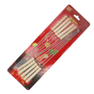 The Metal BBQ Kebab Skewer Sticks you're referring to come in a set of 12 pieces, each measuring 30 cm in length. They feature wooden handles for easy gripping and handling...