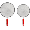 The "Metal Mesh Splatter Screen Cover Guard with Handle Black Set of 2" is a kitchen accessory designed to help prevent hot oil or food from splattering out of pans while...