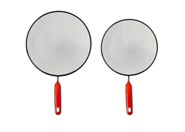 The "Metal Mesh Splatter Screen Cover Guard with Handle Black Set of 2" is a kitchen accessory designed to help prevent hot oil or food from splattering out of pans while...