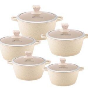 The Nea Marbell Diecast Stockpot Set is a collection of cookware featuring a Natura-Cream Marble Effect design. This set includes five different sizes of stockpots: 20 cm, 24...