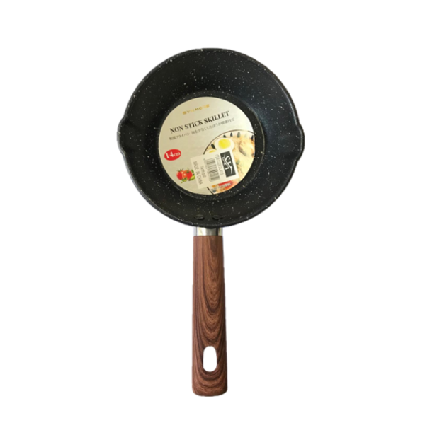 The Non Stick Frying Pan with Wooden Print Handle is a compact kitchen tool, measuring 14cm in diameter. It features a speckled black finish, adding a touch of style to its...