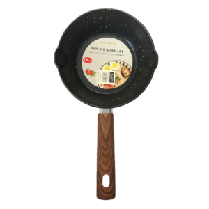 The Non Stick Frying Pan with Wooden Print Handle, model DL9116, is a kitchen cookware item featuring an 18cm diameter. It has a speckled black finish which adds a modern touch...