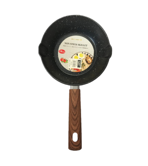 The Non Stick Frying Pan with Wooden Print Handle, model DL9116, is a kitchen cookware item featuring an 18cm diameter. It has a speckled black finish which adds a modern touch...