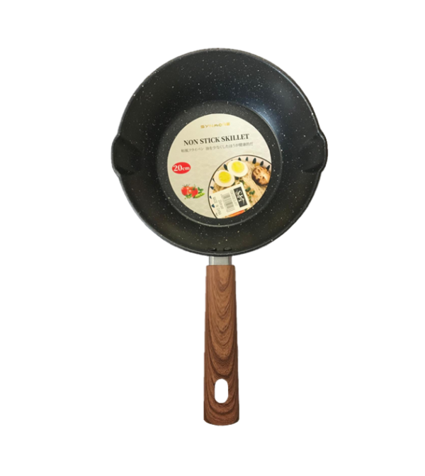 The Non-Stick Frying Pan with Wooden Print Handle (model DL9117) is a 20cm pan designed for efficient cooking with minimal sticking. The pan features a speckled black surface...