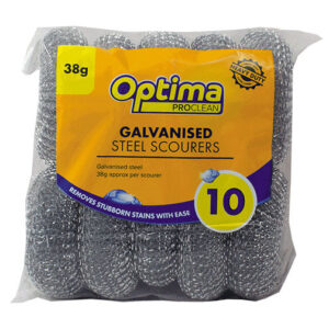 The Optima Proclean Heavy Duty Galvanised Steel Scourers are a cleaning product designed for tough scrubbing tasks. Each scourer weighs 38 grams, and they come in a pack of 10....