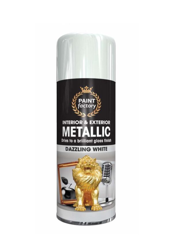 The Paint Factory Metallic Interior & Exterior Spray Paint in Dazzling White comes in a 200ml can, designated with the product number 9818. This spray paint is suitable for both...