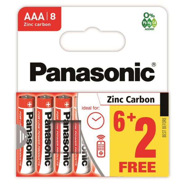 The Panasonic Zinc Carbon AAA Battery 8 Pack (6 + 2 Free) - Case of 20 refers to a product offering where each pack contains a total of 8 AAA batteries, with 6 being paid for...