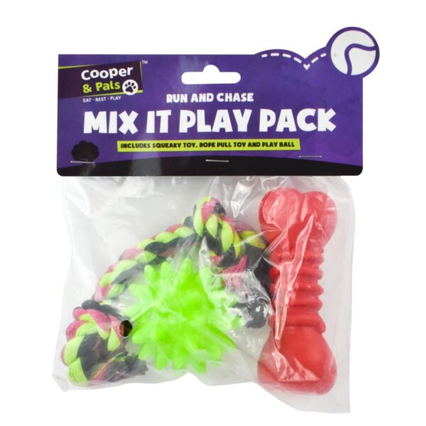 The "Pet Dog Toys Mix It Play Pack of 3 Assorted Toys" seems to be a product designed for dogs, consisting of a pack of three different toys. The product ID or SKU appears to be...