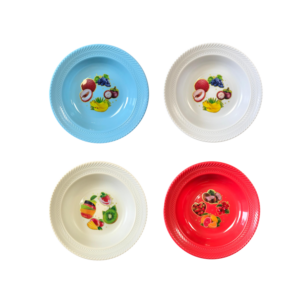 The "Plastic Bowl Plate with Fruit Print and Textured Rim" is a versatile dining item with a diameter of 22 cm. It features various assorted designs, likely showcasing different...