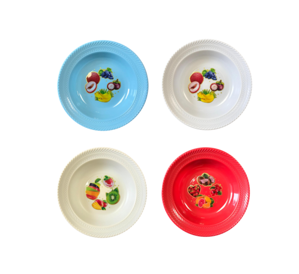 The "Plastic Bowl Plate with Fruit Print and Textured Rim" is a versatile dining item with a diameter of 22 cm. It features various assorted designs, likely showcasing different...