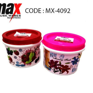 The "Plastic Container with Print Assorted Designs and Colours MX4092" appears to be a product description for a type of plastic container. These containers likely come in a...