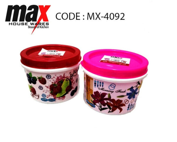 The "Plastic Container with Print Assorted Designs and Colours MX4092" appears to be a product description for a type of plastic container. These containers likely come in a...