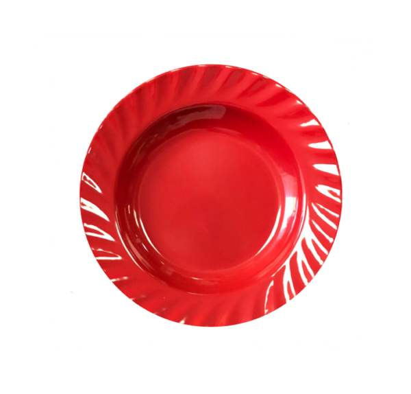 The "Plastic Dining Plate with Textured Rim 23 cm in Red/Black" is a dining plate made from plastic material, featuring a diameter of 23 centimeters. It is designed with a...