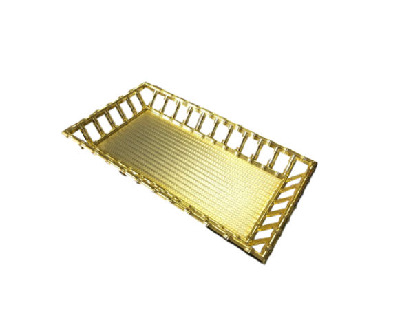 The Plastic Rectangle Bamboo Style Serving Tray with dimensions 22 x 38 x 5 cm in Gold (Model SG4096) is likely a decorative and functional item used for serving food or...