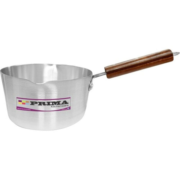 The Prima Aluminium Milk Pan with a Wooden Handle is a kitchen utensil designed for heating milk and other liquids. It has an 18cm diameter, making it suitable for small to...