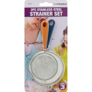 The Prima Stainless Steel Strainers 3-pack typically includes three different sizes of strainers made from stainless steel. These kitchen tools are designed for straining and...