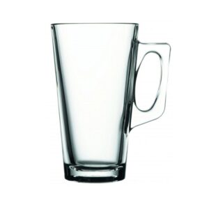 The product description refers to a set of two Vela mugs made from high-quality glassware. These glasses have a handle and a capacity of 385ml each. The product code or model...