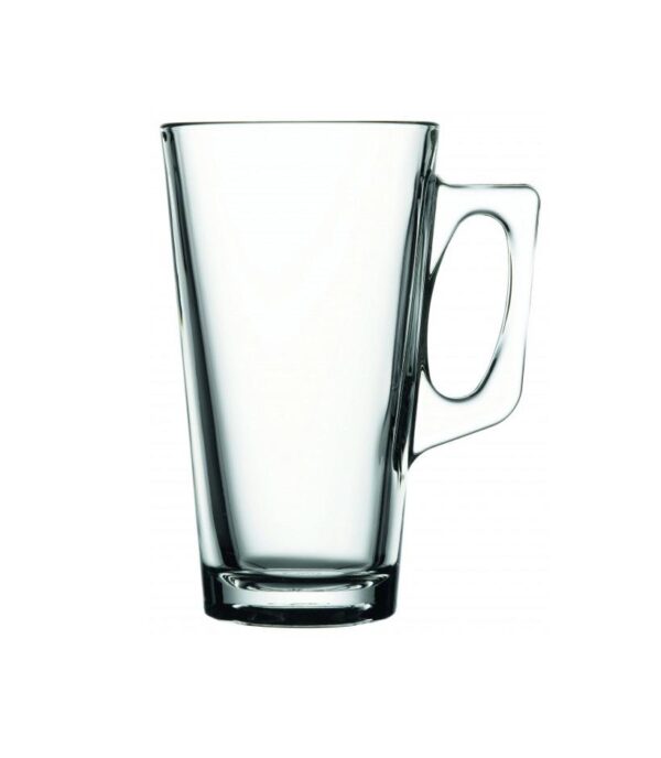 The product description refers to a set of two Vela mugs made from high-quality glassware. These glasses have a handle and a capacity of 385ml each. The product code or model...