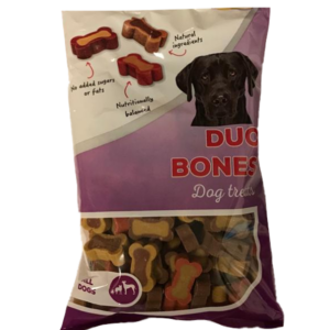 The product description you've provided is for "Pet Dog Duo Bone Treats," which come in a 250g flow pack. The expiry date for these treats is February 1, 2025, and the product...