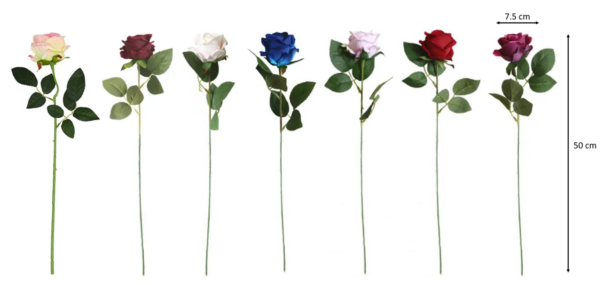 The product "Plastic Artificial Fake Roses Flowers Single Stem Velvet Petals 50 cm Assorted Colours 7105" appears to be a decorative item. This item consists of artificial roses...