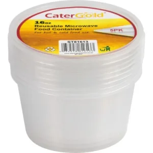 The product you are referring to is a pack of round plastic food storage take-away containers, each with a capacity of 16 ounces. The pack contains five containers, and it is...