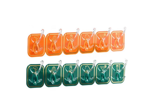 The product you are referring to seems to be a set of adhesive stick-on hooks, each measuring 6.3 x 6.3 cm. The set includes 6 hooks that come in assorted colors. The item...