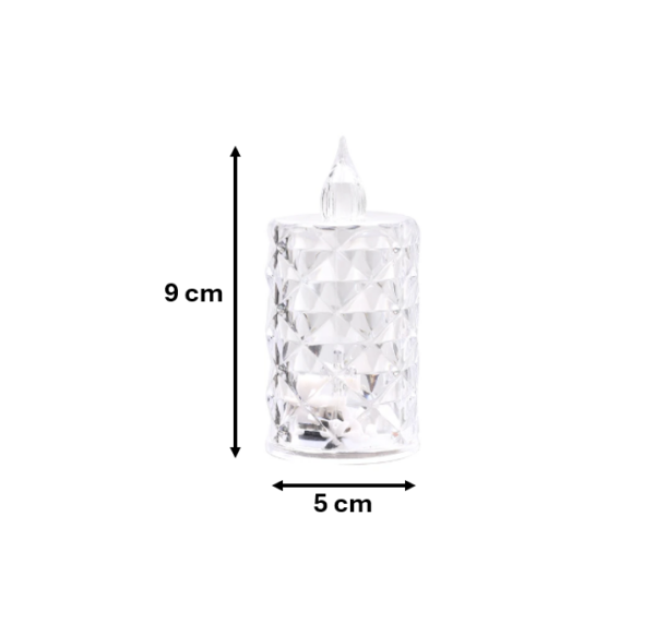 The product you described appears to be a battery-operated LED candle lamp. It is made from transparent plastic and features a patterned design. The dimensions of the lamp are 9...