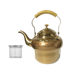 The product you’re referring to is a stainless steel tea pot with a gold-colored finish. It has a capacity of 2 liters and includes a metal mesh filter or strainer, which is...