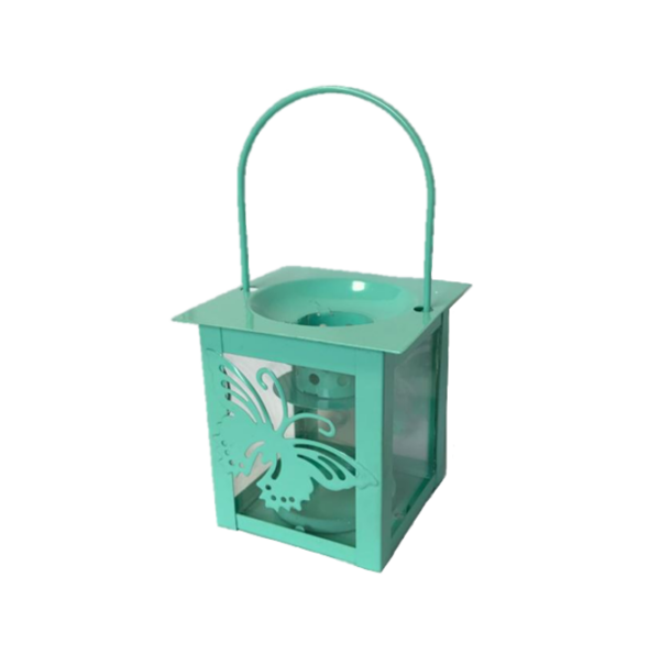 The product you're describing appears to be a small garden lantern designed to hold a tealight candle. It features a butterfly design and is made of metal and glass, providing a...