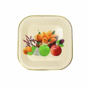 The product you're describing appears to be a square plastic serving tray with a rattan style and a floral fruit print. It measures 30 cm and comes in assorted designs. The item...