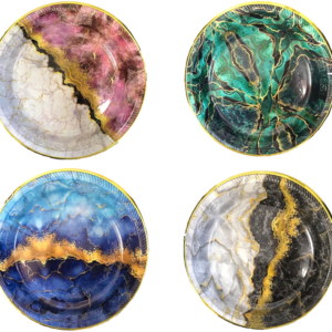 The product you're describing is a round plastic tray featuring a printed geode pattern design. It measures 29 cm in diameter and 3.5 cm in height. The tray comes in assorted...