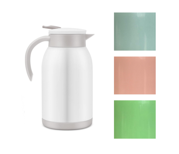 The product you're describing is a stainless steel tea or coffee pot with a capacity of 900ml. It features a plastic handle for ease of use and safety, as the plastic handle...