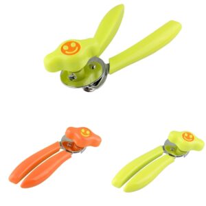 The product you're describing seems to be a kitchen can opener with a unique design featuring a smiley face on its plastic handle. It is available in assorted colors and is...