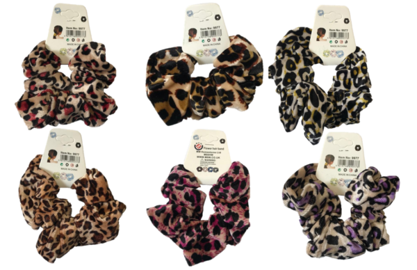 The product you're describing seems to be a set of hair accessories, specifically hair bobble elastic scrunchies with a leopard print design. These scrunchies are approximately...