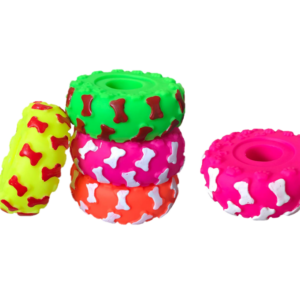 The product you're referring to is a pet dog toy designed to resemble a squeaky wheel tire, featuring a bone print. It measures 9 cm in diameter and comes in assorted colors....