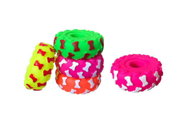 The product you're referring to is a pet dog toy designed to resemble a squeaky wheel tire, featuring a bone print. It measures 9 cm in diameter and comes in assorted colors....