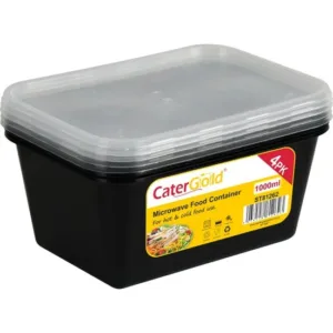 The product you're referring to is a set of food storage containers by CaterGold. These are made with a black base plastic and have a capacity of 1000cc each. The package...