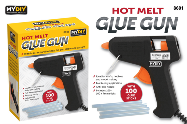 The product you're referring to is likely a hot melt glue gun that comes equipped with an anti-drip nozzle and includes 100 glue sticks. The model number "8601" seems to be...