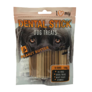 The product you're referring to is likely a package of pet dog treats, specifically dental sticks with peanut butter flavor, weighing 100 grams. The number "77107" could be a...