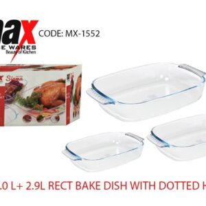 The product you're referring to is likely a set of three rectangle bake dishes with capacities of 1.5 liters, 2 liters, and 2.9 liters, featuring dotted handles for easy grip....