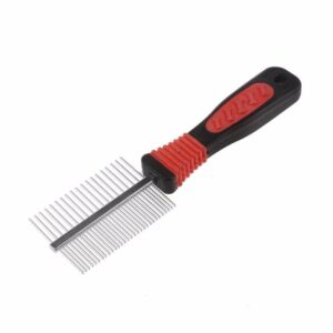 The product you're referring to seems to be a grooming comb designed for pets, specifically dogs and cats. It is made of metal and is double-sided, which likely means it has...