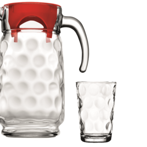 The product you're referring to seems to be a kitchen glassware set that includes a clear glass jug and lid, along with additional beverage glasses, totaling a 7-piece set. The...