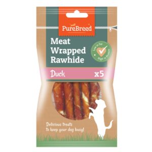 The product you're referring to seems to be a pack of pet dog treats consisting of meat-wrapped rawhide sticks, specifically in a duck flavor. This pack contains five sticks....