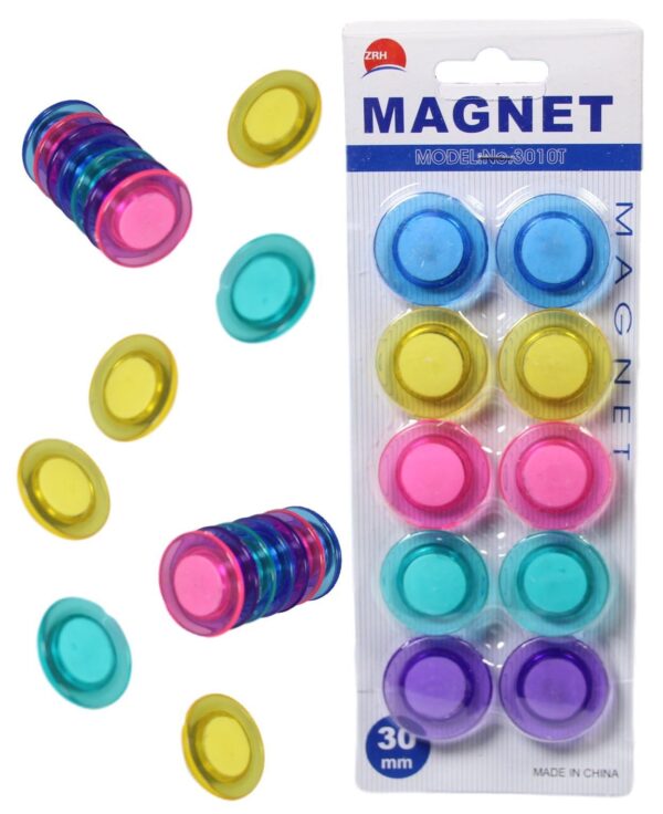 The product you're referring to seems to be a pack of round fridge freezer magnets with each magnet having a diameter of 3 cm. The pack contains 10 magnets in assorted colors....