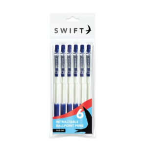 The "Retractable Ballpoint Pens 6pk Blue Ink P3090" likely refers to a package containing six retractable ballpoint pens that use blue ink. These pens are convenient for writing...