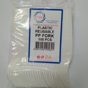 The "Reusable Plastic PP Fork Pack of 100 THL9582" likely refers to a product consisting of 100 reusable forks made from polypropylene (PP) plastic. The "THL9582" is probably a...