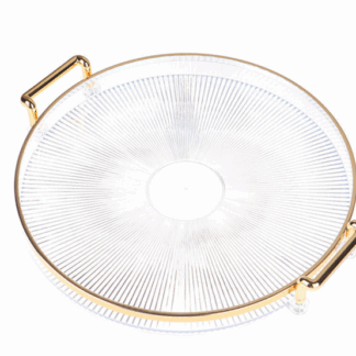 The Round Transparent Plastic Serving Tray with Gold Rim and Handles is a stylish and practical serving solution. With a diameter of 36 cm, it offers ample space for serving...