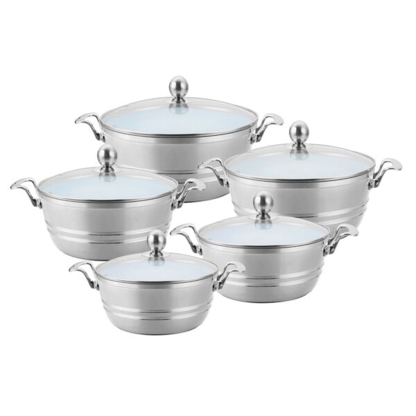 The SERAMIQ Diecast Ceramic Casserole Stockpot Kitchen Set of 5 in Silver (model 7202) is a kitchenware set that includes five pieces of cookware. This set is designed for...