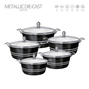 The "Seramiq Metallic Diecast Stockpot Set 5 Pc Onyx 4717" appears to be a cookware set, likely consisting of five pieces of stockpots or similar kitchen items. These types of...